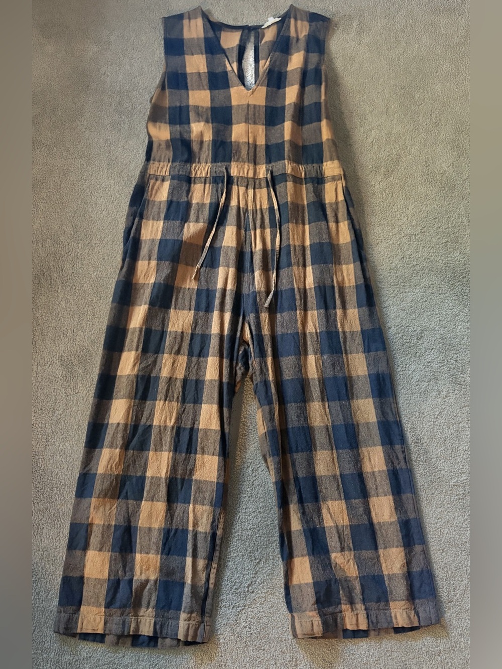 Rare 100% Silk Ali Golden Plaid Sleeveless Jumpsuit in Navy and Tan